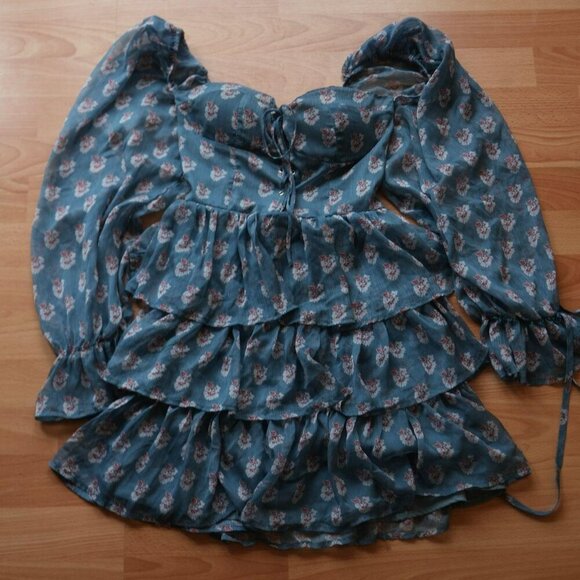 Corset Cottagecore Princess Blue Puff Sleeve Dress - Picture 3 of 4